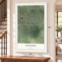 Graford, Texas map, 24 x 36 inch print in a white frame by a staircase