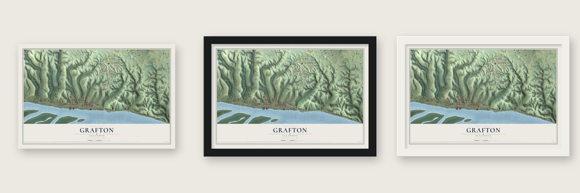 Grafton, Illinois map unframed, in a black wood frame and in a white wood frame