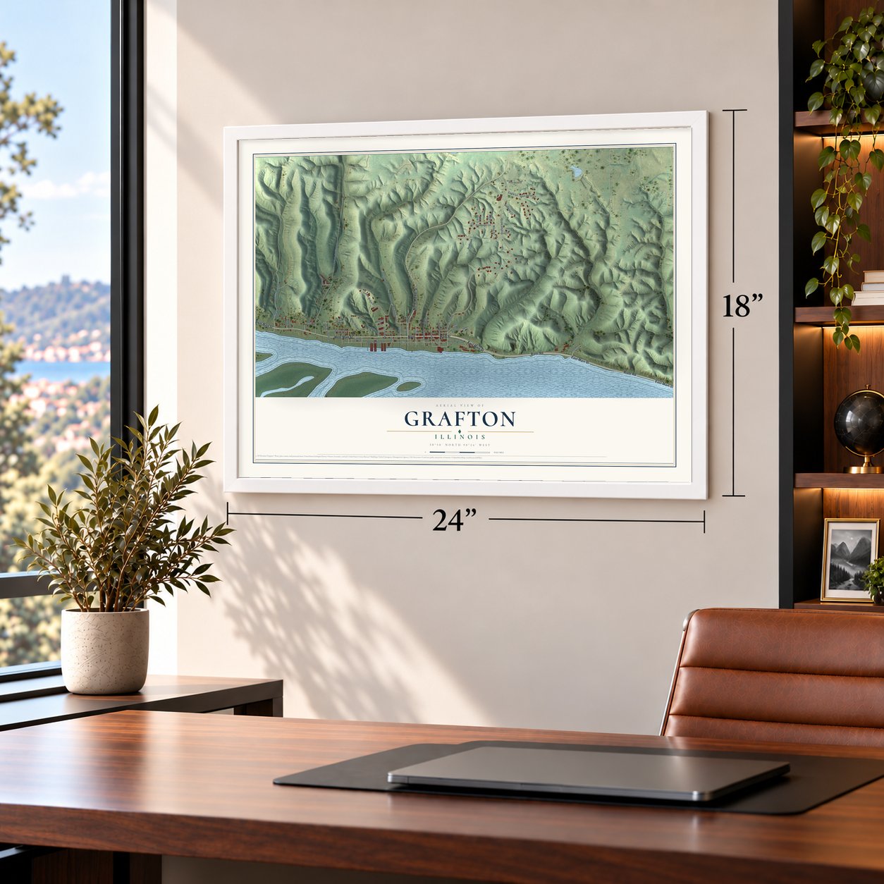 Grafton, Illinois map, 18 x 24 inch print in a white frame in a home office