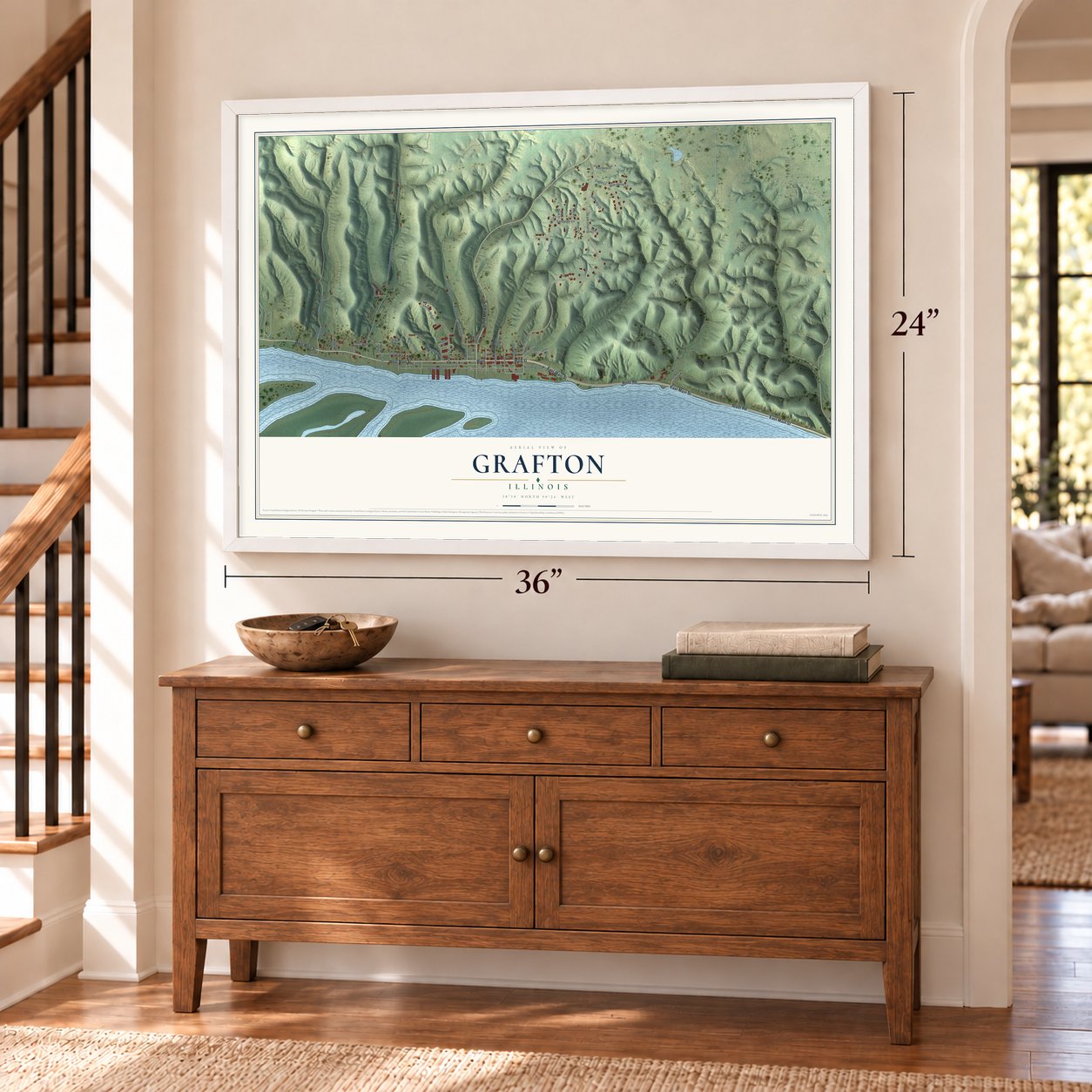Grafton, Illinois map, 24 x 36 inch print in a white frame above a dresser by a staircase