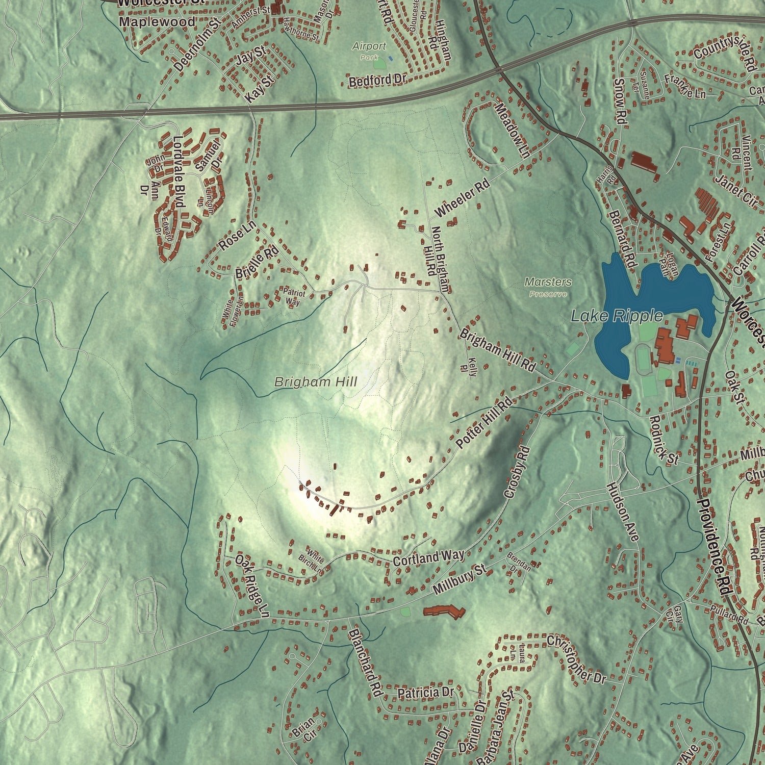 Close-up of the map of Grafton, Massachusetts print showing terrain and local geography