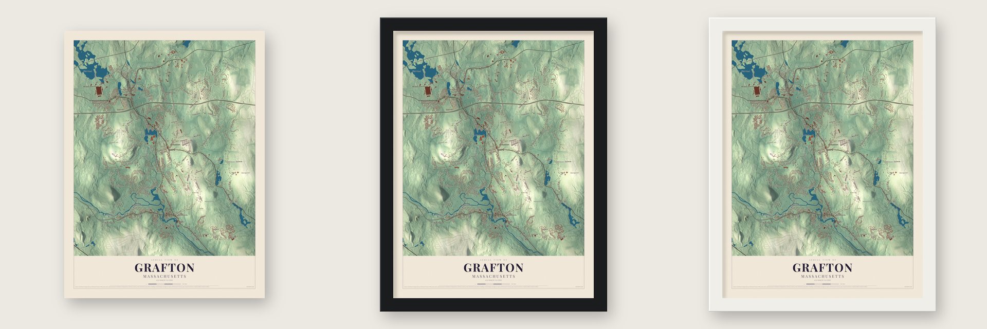 Grafton, Massachusetts map unframed, in a black wood frame and in a white wood frame