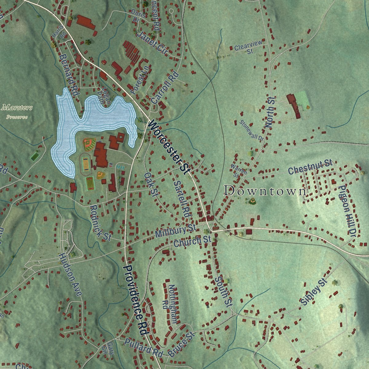 Second close-up of the map of Grafton, Massachusetts print showing more streets and buildings