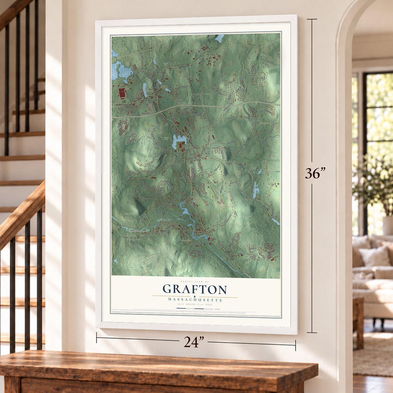 Grafton, Massachusetts map, 24 x 36 inch print in a white frame by a staircase