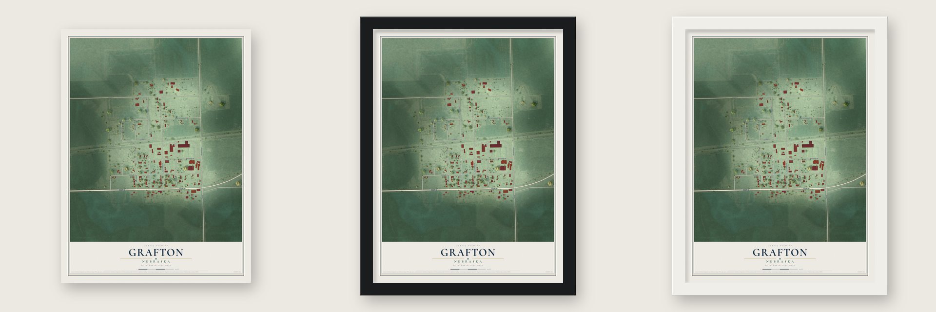 Grafton, Nebraska map unframed, in a black wood frame and in a white wood frame