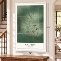 Grafton, Nebraska map, 24 x 36 inch print in a white frame by a staircase