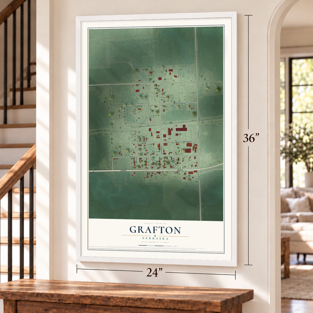 Grafton, Nebraska map, 24 x 36 inch print in a white frame by a staircase
