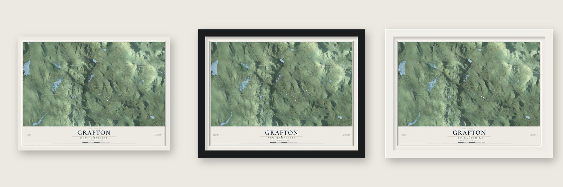 Grafton, New Hampshire map unframed, in a black wood frame and in a white wood frame