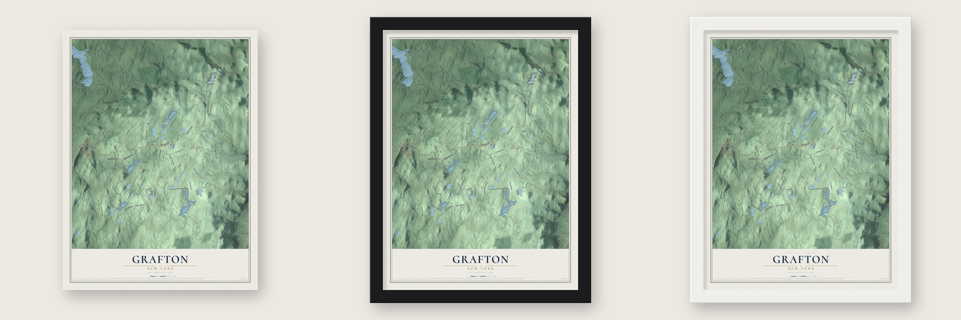 Grafton, New York map unframed, in a black wood frame and in a white wood frame