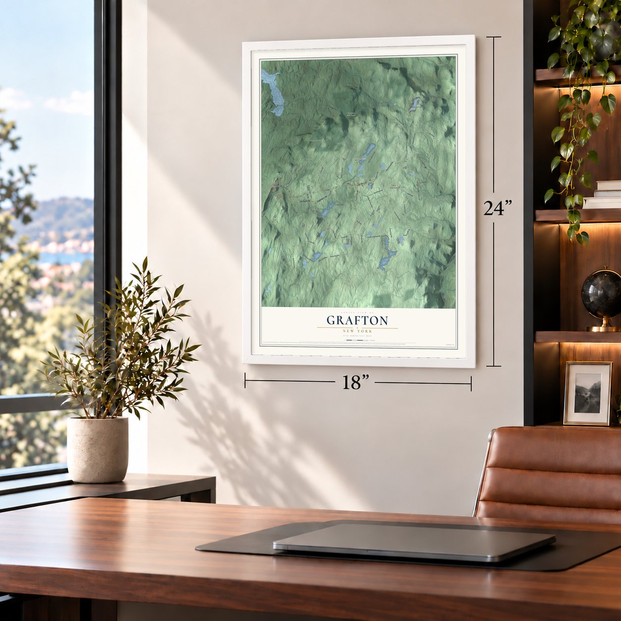 Grafton, New York map, 18 x 24 inch print in a white frame in a home office