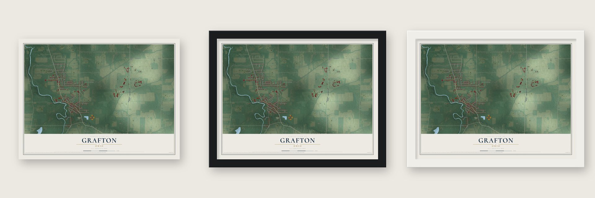 Grafton, Ohio map unframed, in a black wood frame and in a white wood frame
