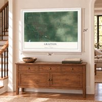 Grafton, Ohio map, 24 x 36 inch print in a white frame above a dresser by a staircase