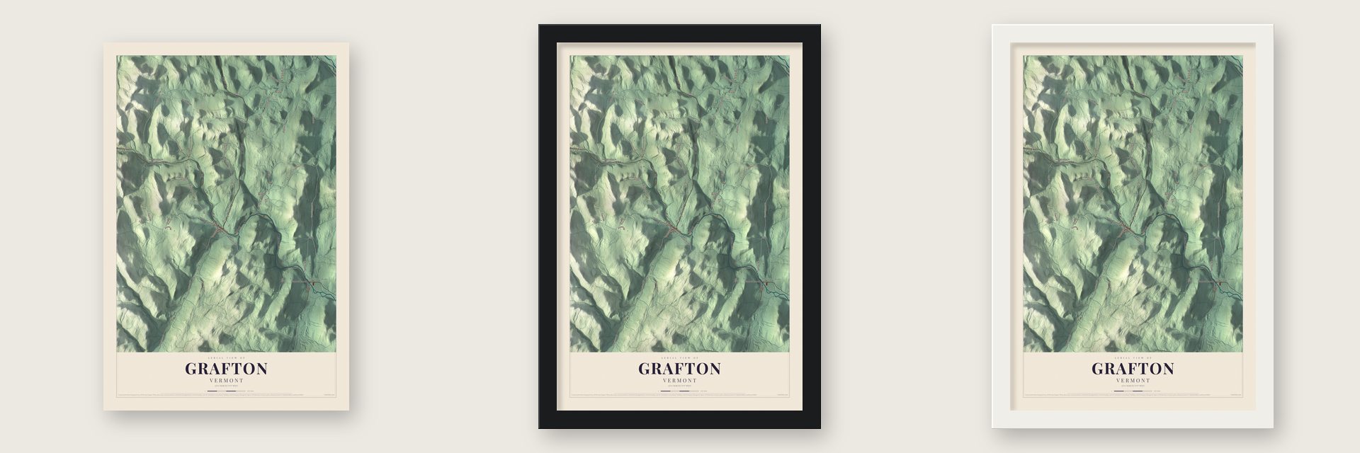 Grafton, Vermont map unframed, in a black wood frame and in a white wood frame
