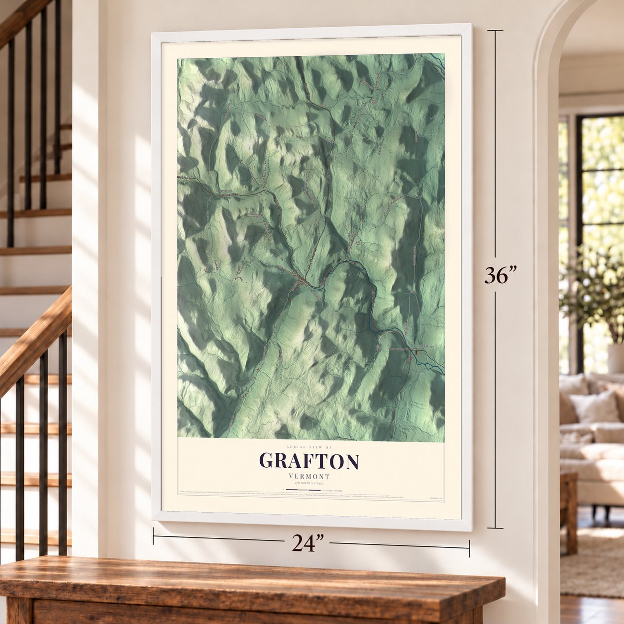 Grafton, Vermont map, 24 x 36 inch print in a white frame by a staircase