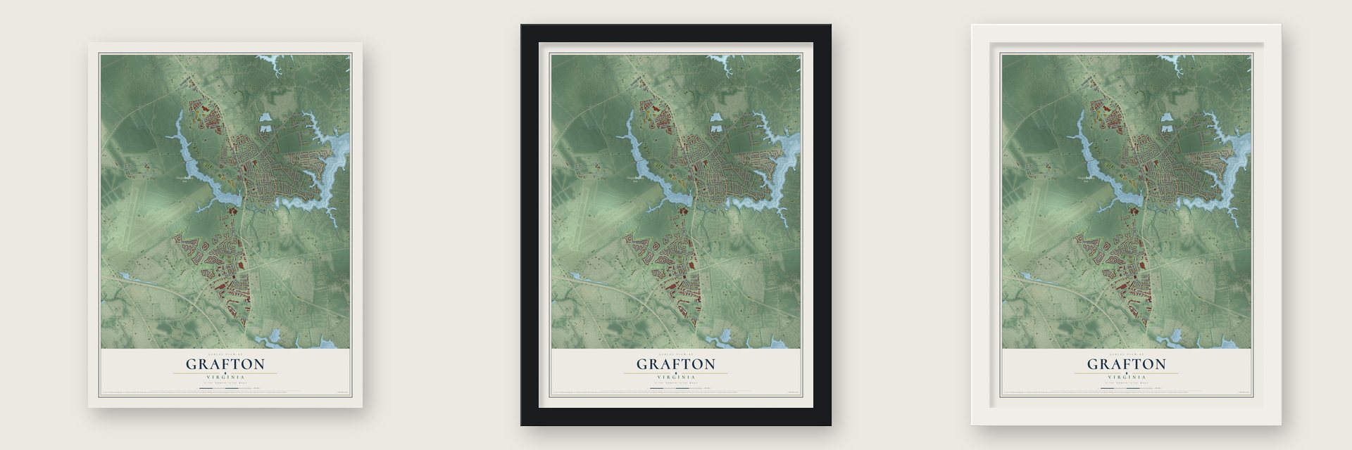 Grafton, Virginia map unframed, in a black wood frame and in a white wood frame