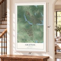 Grafton, Virginia map, 24 x 36 inch print in a white frame by a staircase