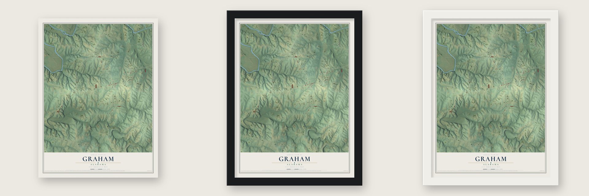 Graham, Alabama map unframed, in a black wood frame and in a white wood frame