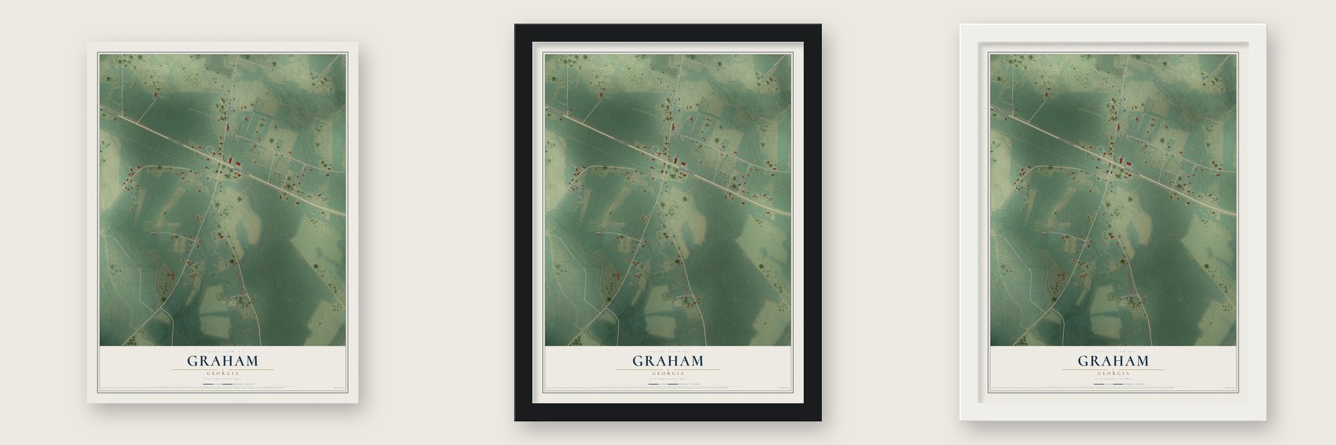 Graham, Georgia map unframed, in a black wood frame and in a white wood frame