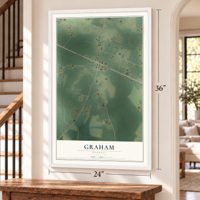 Graham, Georgia map, 24 x 36 inch print in a white frame by a staircase
