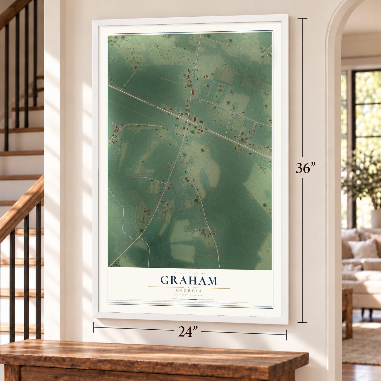 Graham, Georgia map, 24 x 36 inch print in a white frame by a staircase