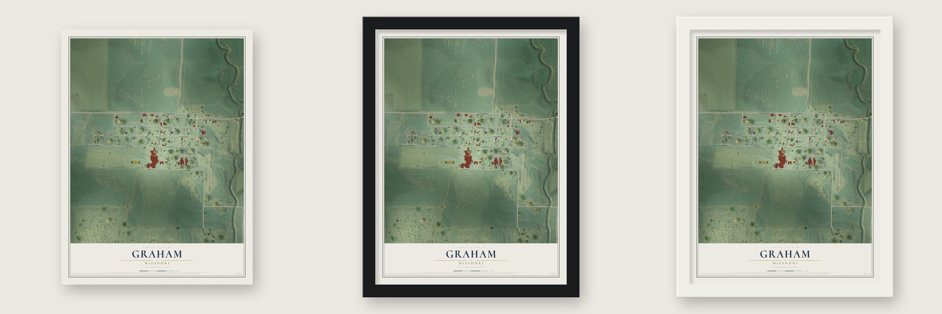 Graham, Missouri map unframed, in a black wood frame and in a white wood frame