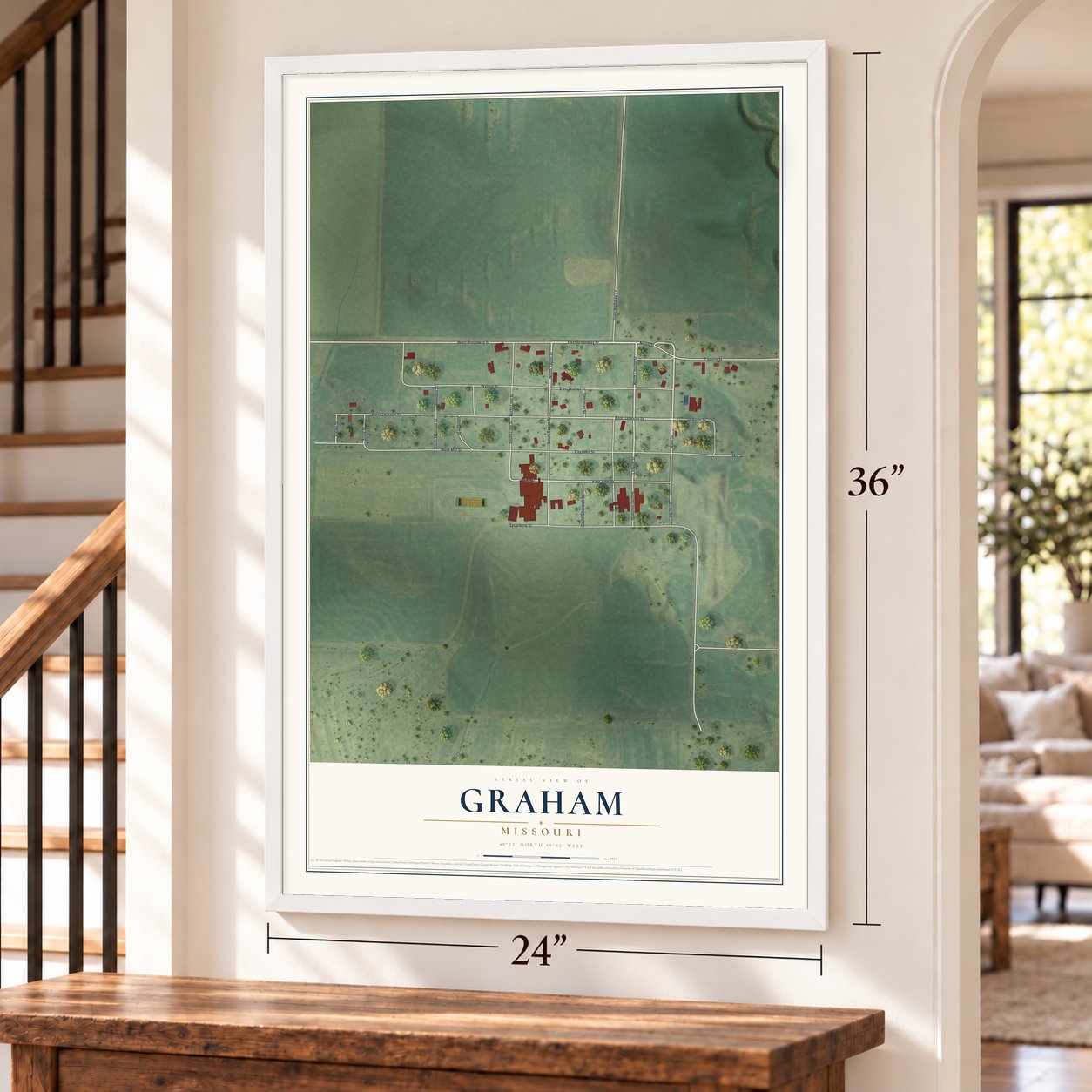 Graham, Missouri map, 24 x 36 inch print in a white frame by a staircase