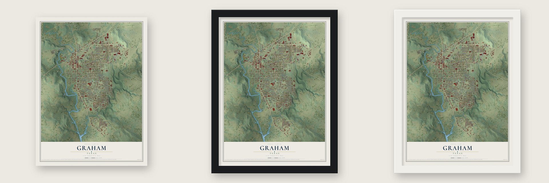 Graham, Texas map unframed, in a black wood frame and in a white wood frame