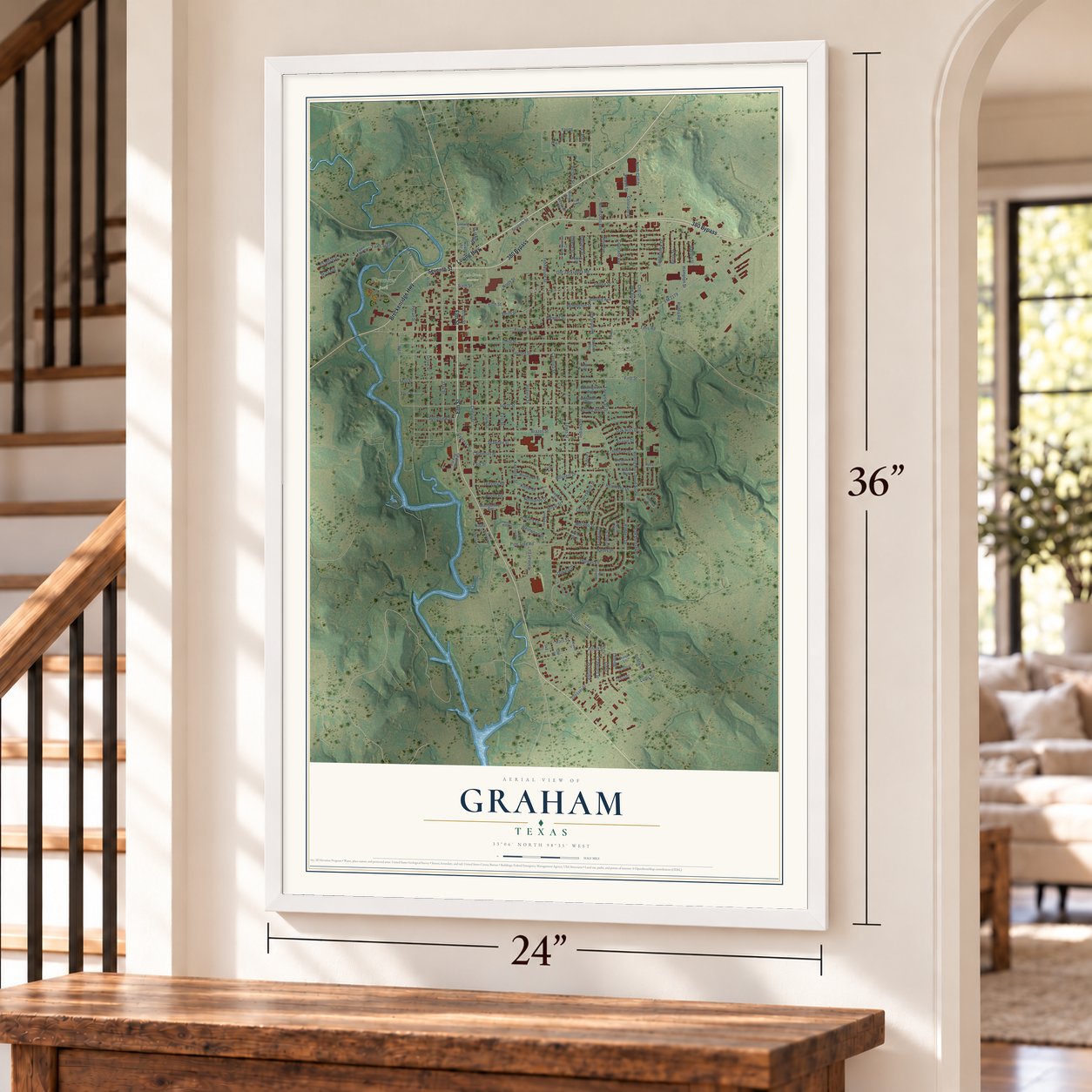 Graham, Texas map, 24 x 36 inch print in a white frame by a staircase