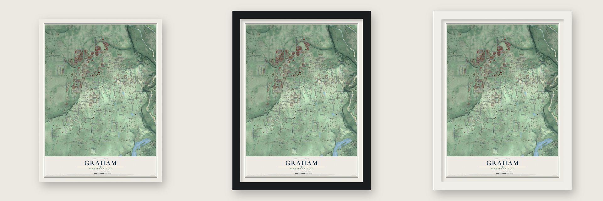 Graham, Washington map unframed, in a black wood frame and in a white wood frame