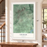 Graham, Washington map, 24 x 36 inch print in a white frame by a staircase