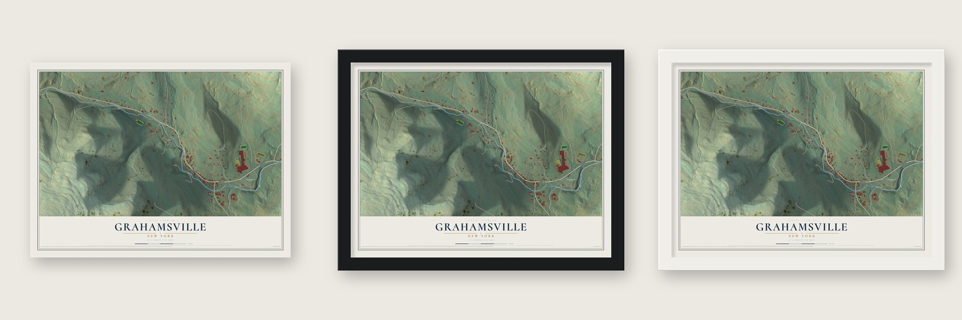 Grahamsville, New York map unframed, in a black wood frame and in a white wood frame