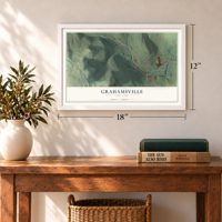 Grahamsville, New York map, 12 x 18 inch print in a white frame in an entryway