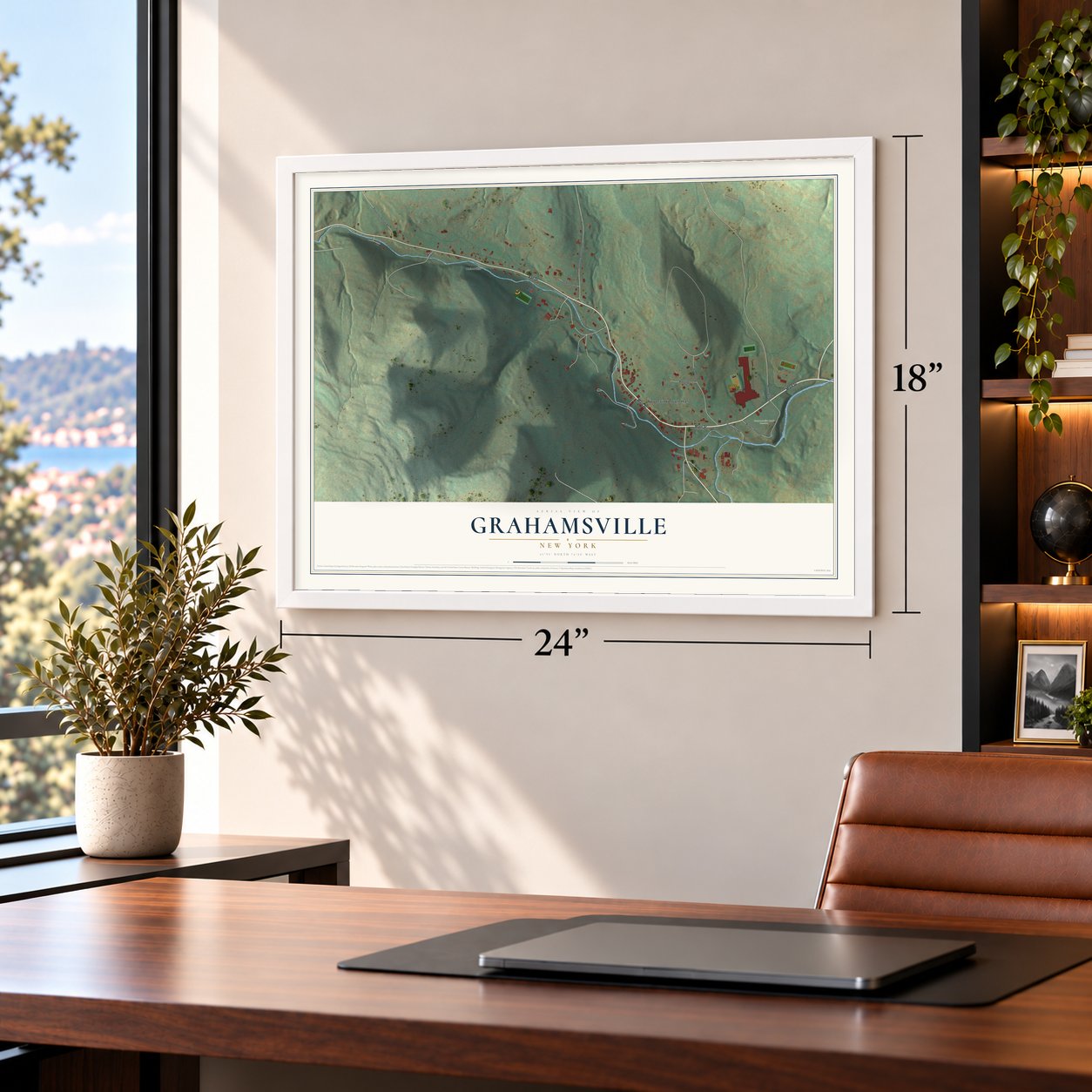 Grahamsville, New York map, 18 x 24 inch print in a white frame in a home office