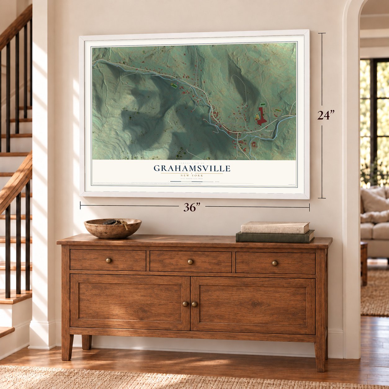 Grahamsville, New York map, 24 x 36 inch print in a white frame above a dresser by a staircase