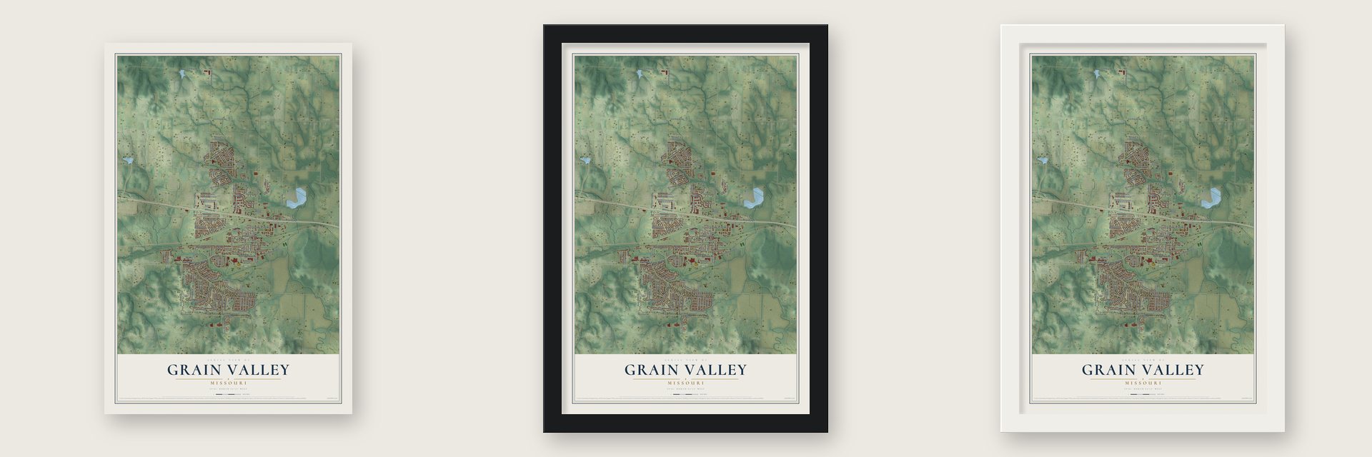 Grain Valley, Missouri map unframed, in a black wood frame and in a white wood frame