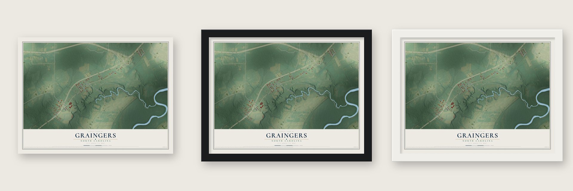 Graingers, North Carolina map unframed, in a black wood frame and in a white wood frame