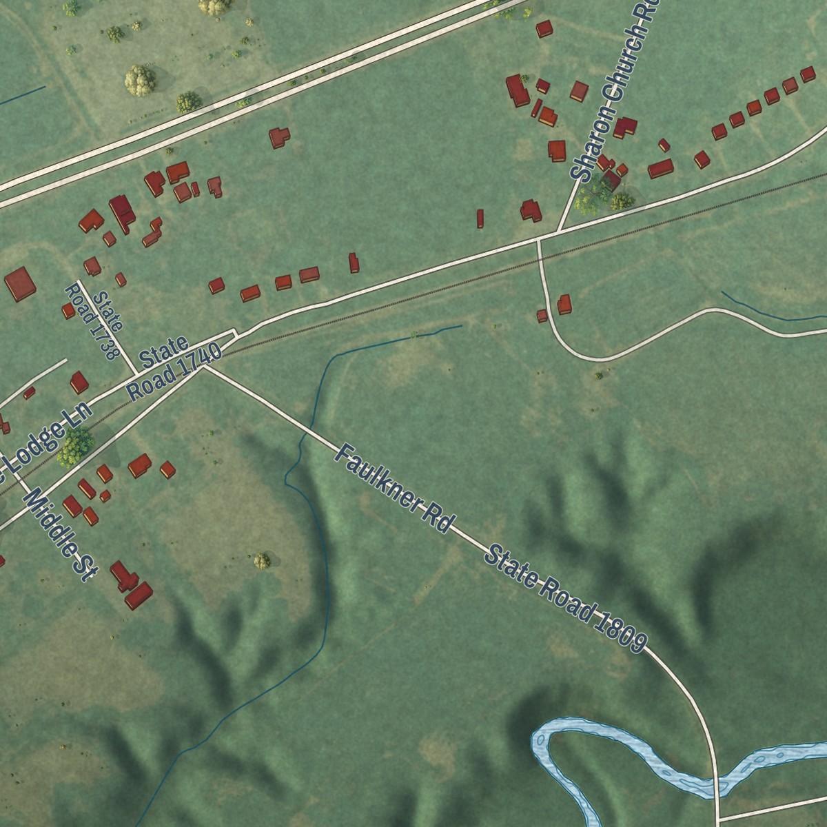 Second close-up of the map of Graingers, North Carolina print showing more streets and buildings