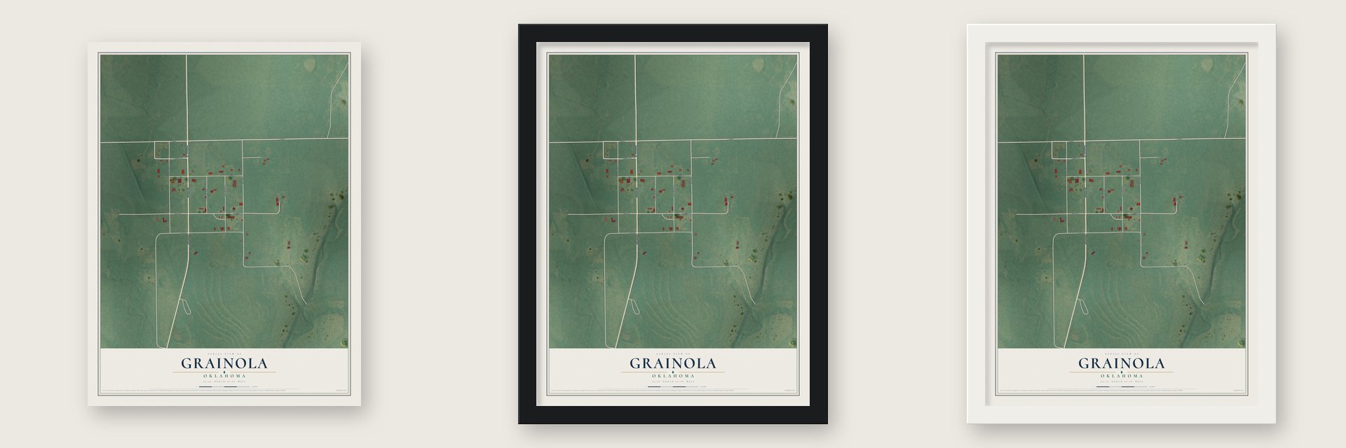 Grainola, Oklahoma map unframed, in a black wood frame and in a white wood frame