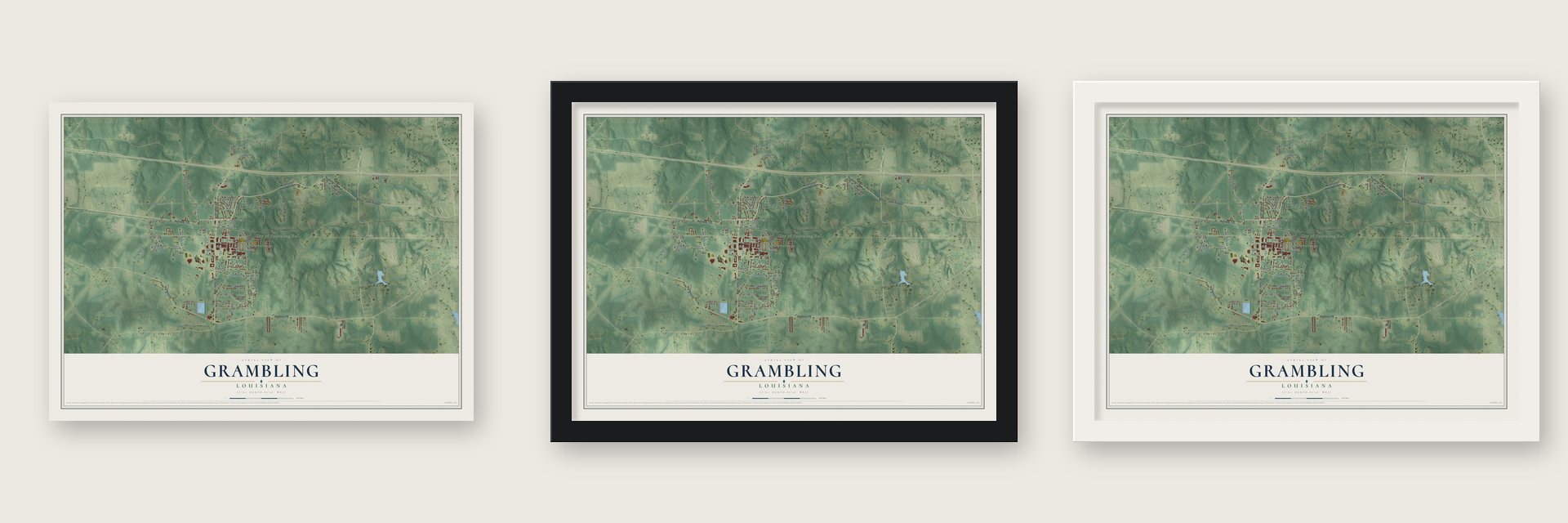 Grambling, Louisiana map unframed, in a black wood frame and in a white wood frame