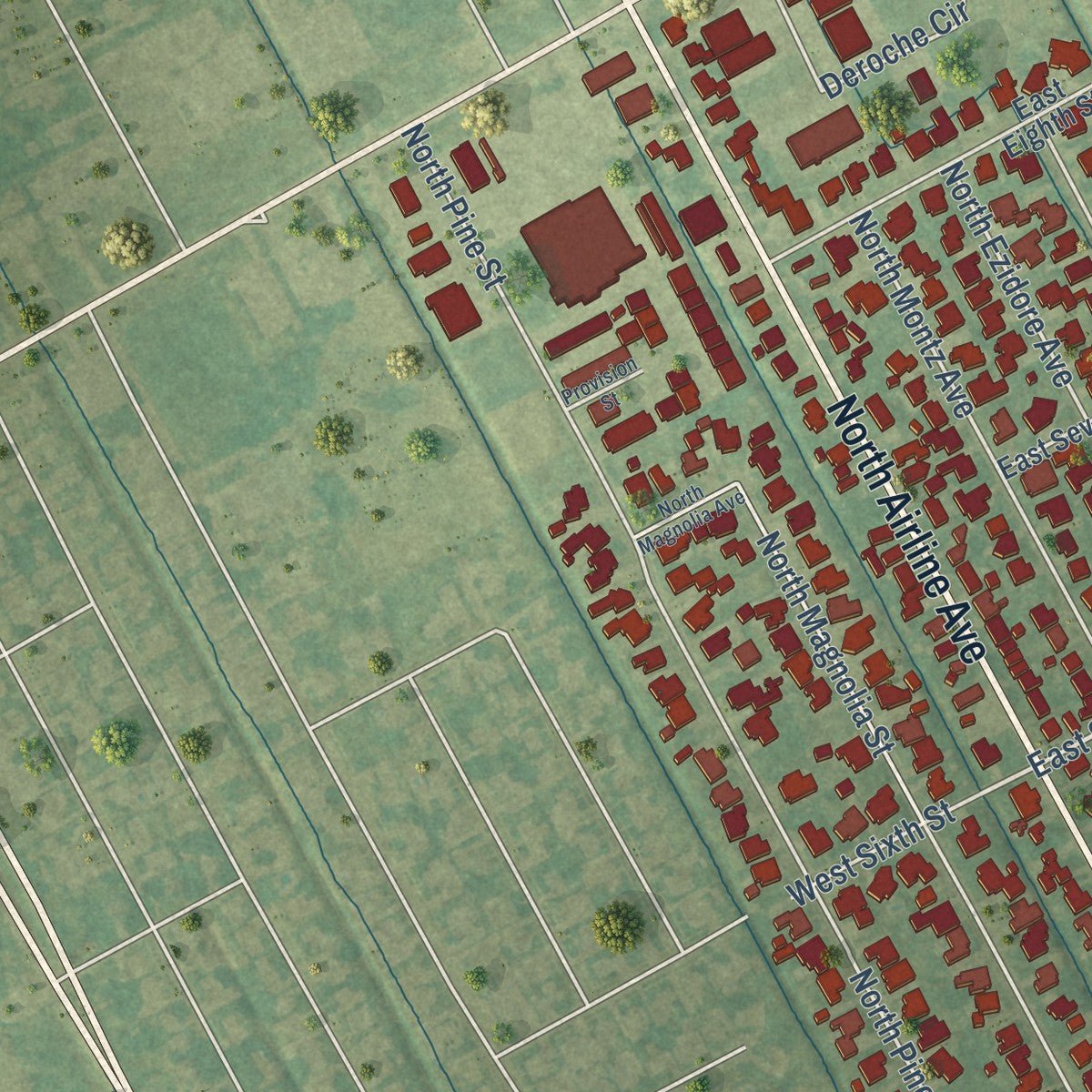 Second close-up of the map of Gramercy, Louisiana print showing more streets and buildings