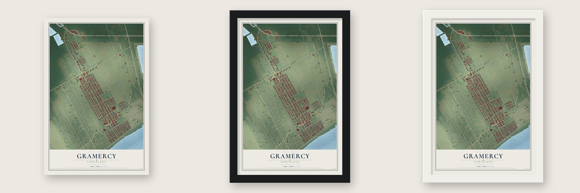 Gramercy, Louisiana map unframed, in a black wood frame and in a white wood frame