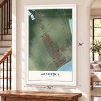 Gramercy, Louisiana map, 24 x 36 inch print in a white frame by a staircase