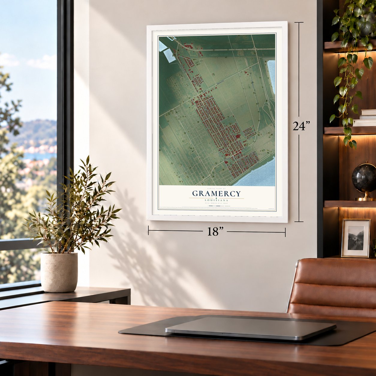 Gramercy, Louisiana map, 18 x 24 inch print in a white frame in a home office
