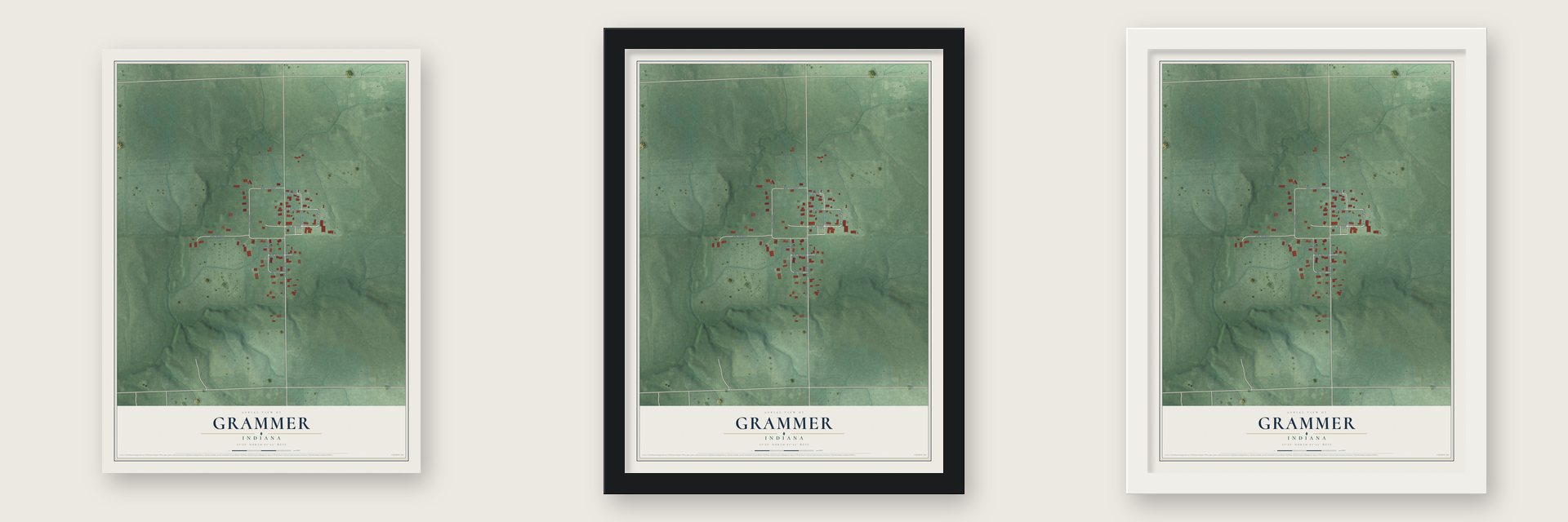 Grammer, Indiana map unframed, in a black wood frame and in a white wood frame