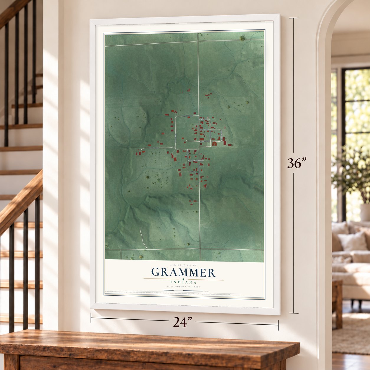 Grammer, Indiana map, 24 x 36 inch print in a white frame by a staircase