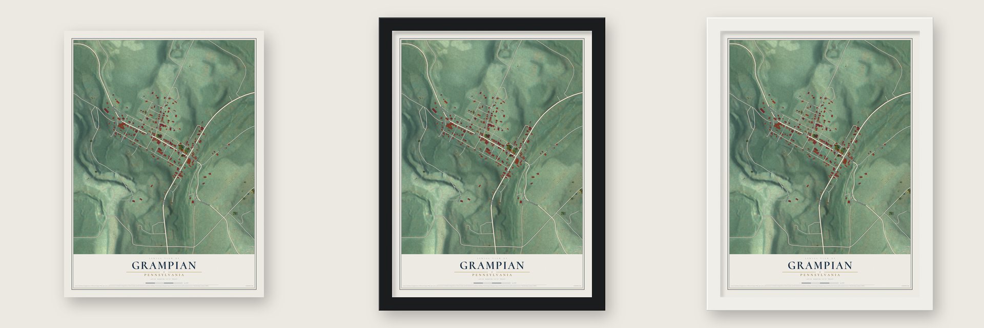 Grampian, Pennsylvania map unframed, in a black wood frame and in a white wood frame