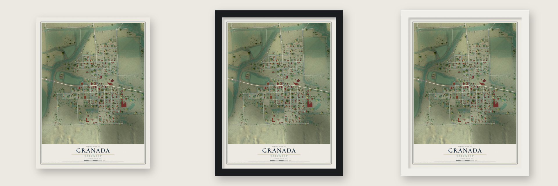 Granada, Colorado map unframed, in a black wood frame and in a white wood frame