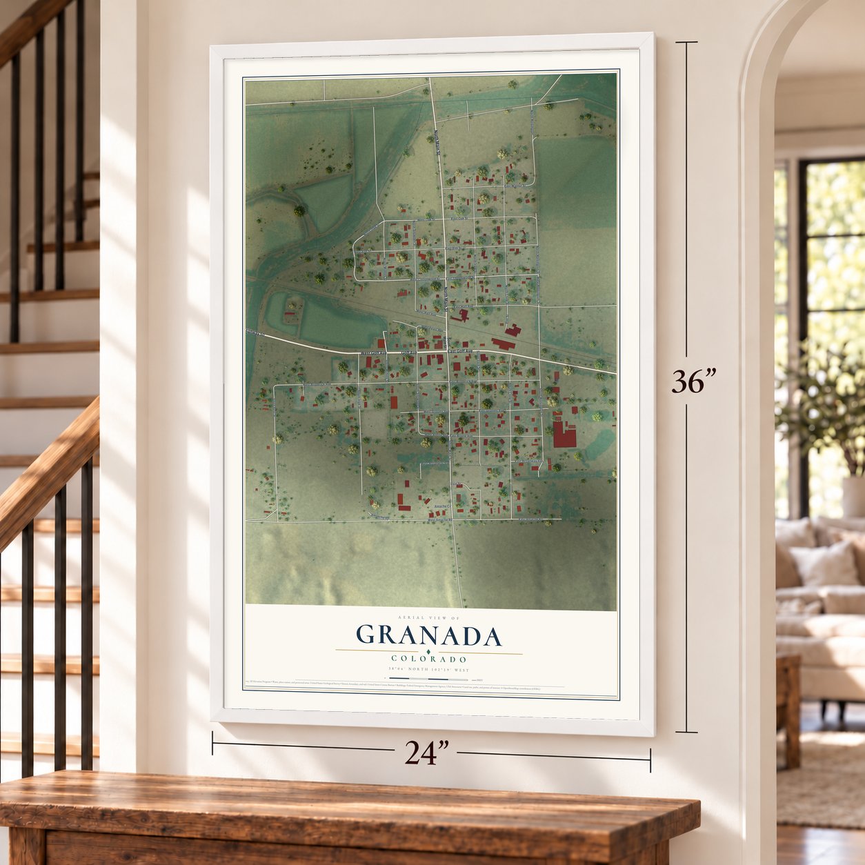 Granada, Colorado map, 24 x 36 inch print in a white frame by a staircase