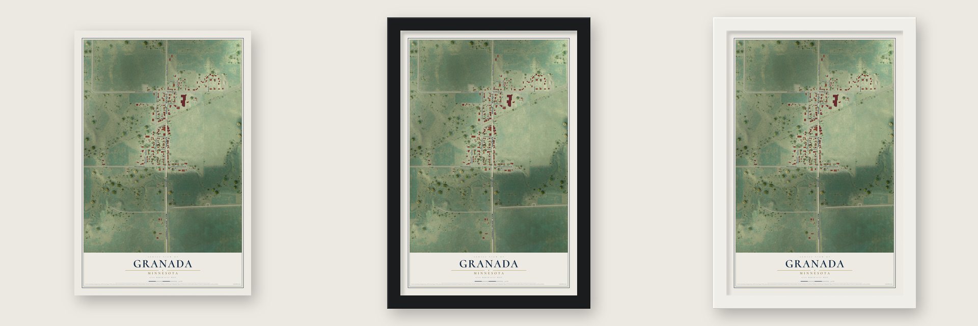 Granada, Minnesota map unframed, in a black wood frame and in a white wood frame