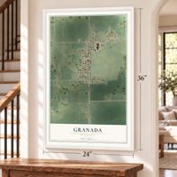 Granada, Minnesota map, 24 x 36 inch print in a white frame by a staircase